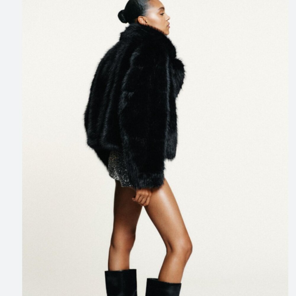 ZARA BLACK FAUX FUR SHORT COAT JACKET Full Zip Sz Large